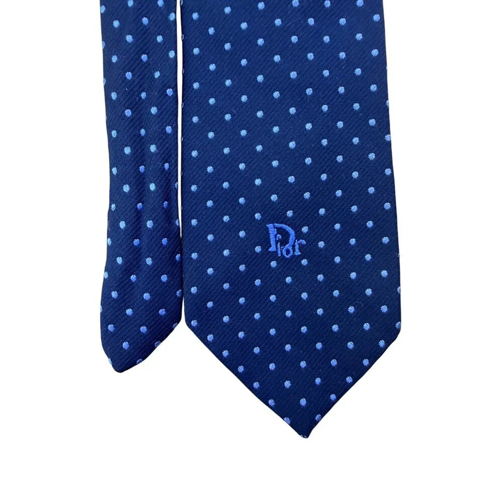 Christian D Mens Navy Blue Polyester & Silk Polka Dot Tie - Picture 2 of 7